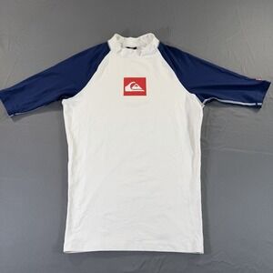Quiksilver Rash Guard L White Surf Shirt UV Tech Swim Short Sleeve Beach
